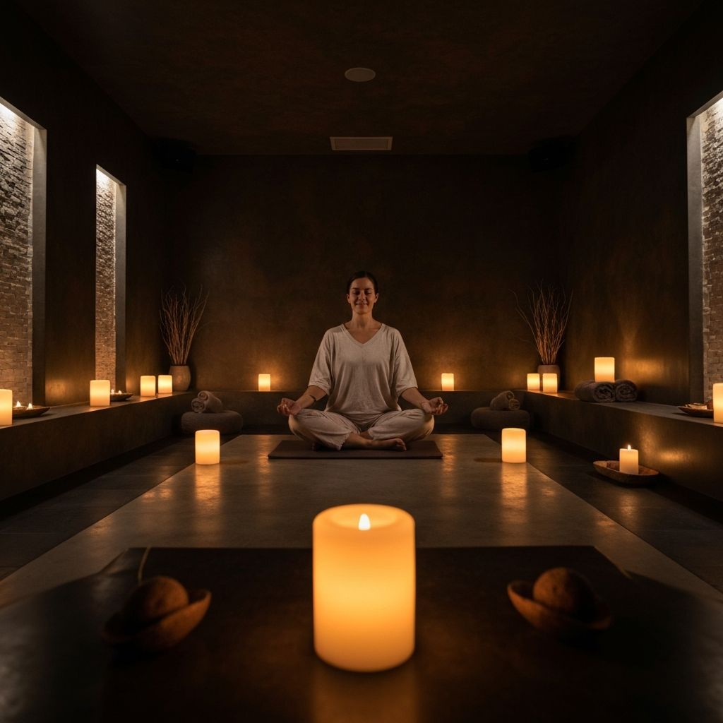 Ambient healing sanctuary with meditation and spa elements